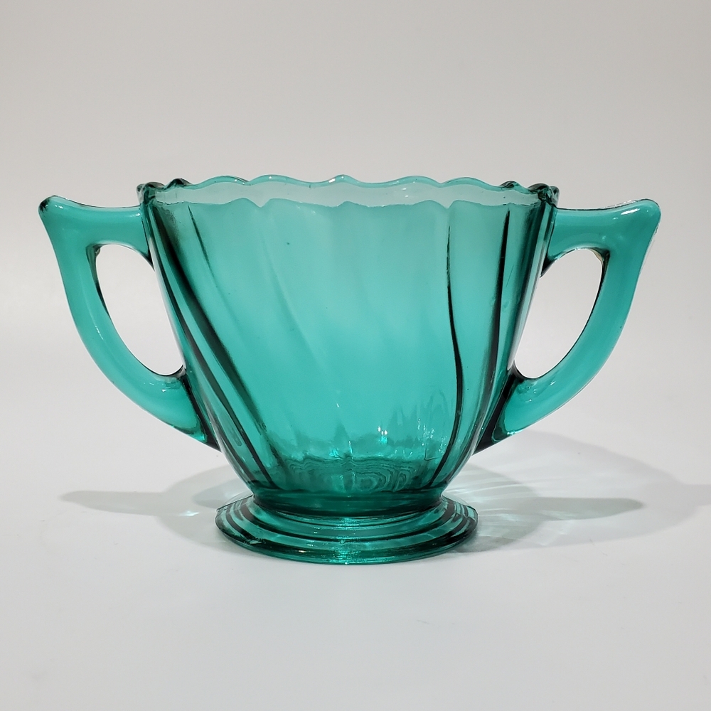 1930s Swirl Ultramarine Footed Blue Green Open Sugar by Jeannette